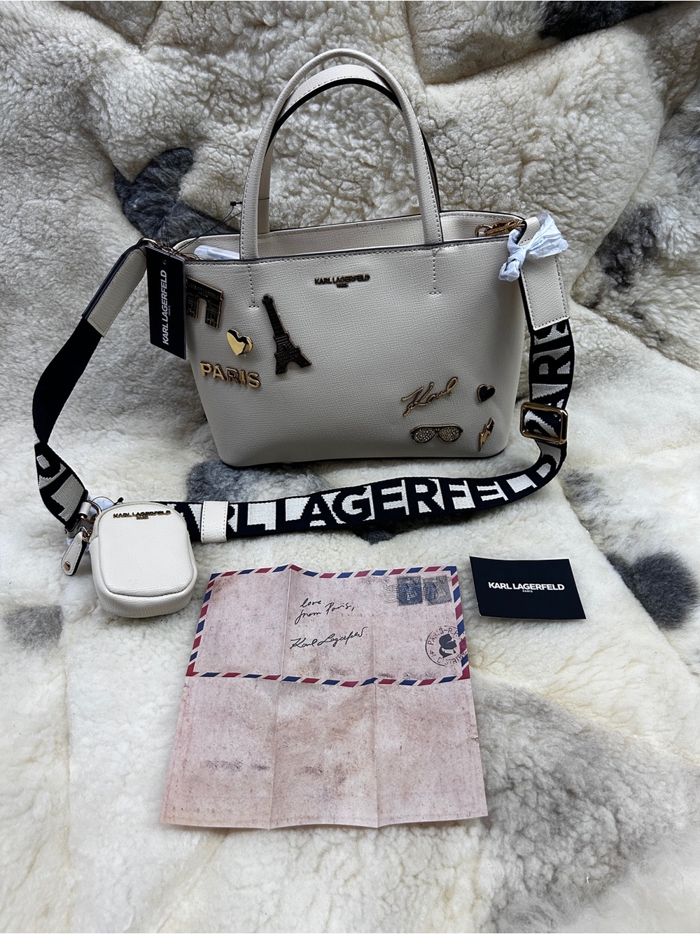 Karl Lagerfeld White Paris Charm Tote with Logo Strap